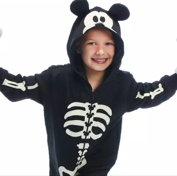 Disney Onsie Mickey Mouse Skeleton Hoodie Costume Glow In The Dark Size 9/10 NWT - Picture 1 of 8